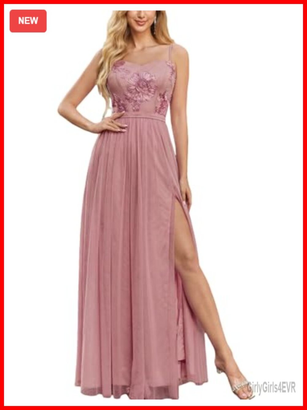 Women's Spaghetti Strap Tulle Formal Dress Embroidered Prom Evening Gown